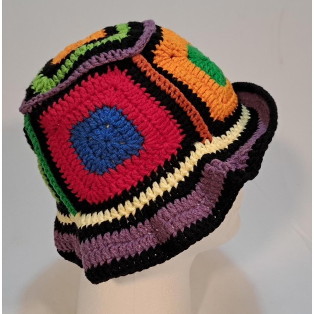 Handmade Crochet Granny Square Bucket Hat Multicolor Boho Festival Retro‎ Style